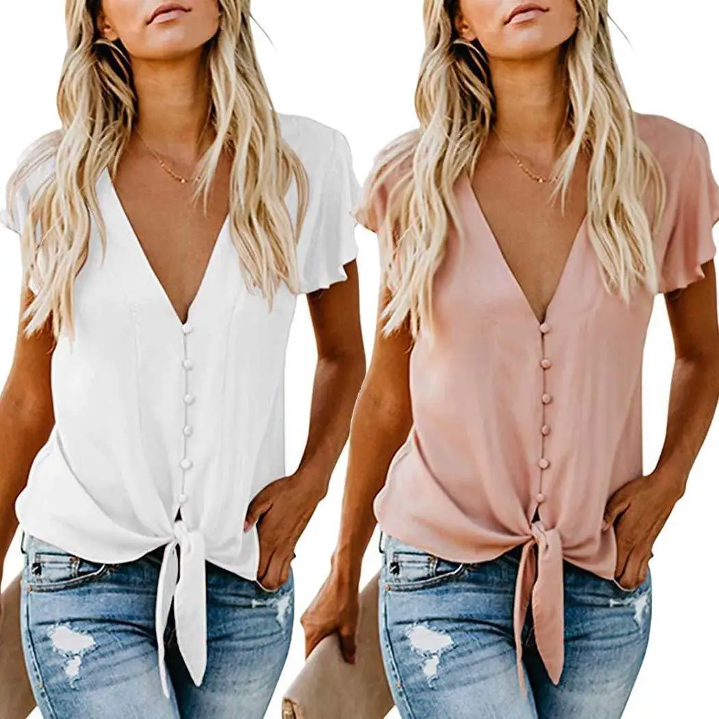 Женская Повседневная однотонная блуза с v-образным вырезом узел галстука