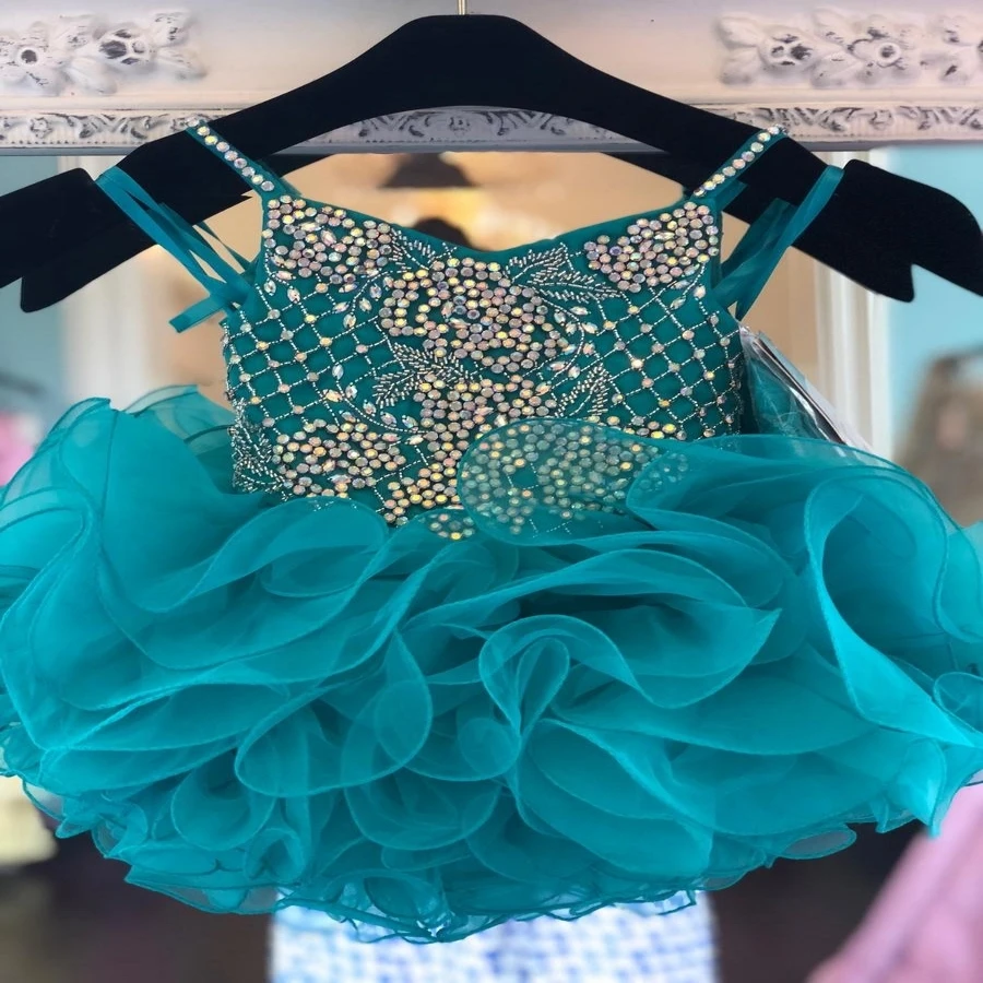 

Infant Baby Girl Pageant Dress 2019 Cupcake Glitz Straps Neck Teal Ruffles International Little Miss Prom Dance Gowns Crystals