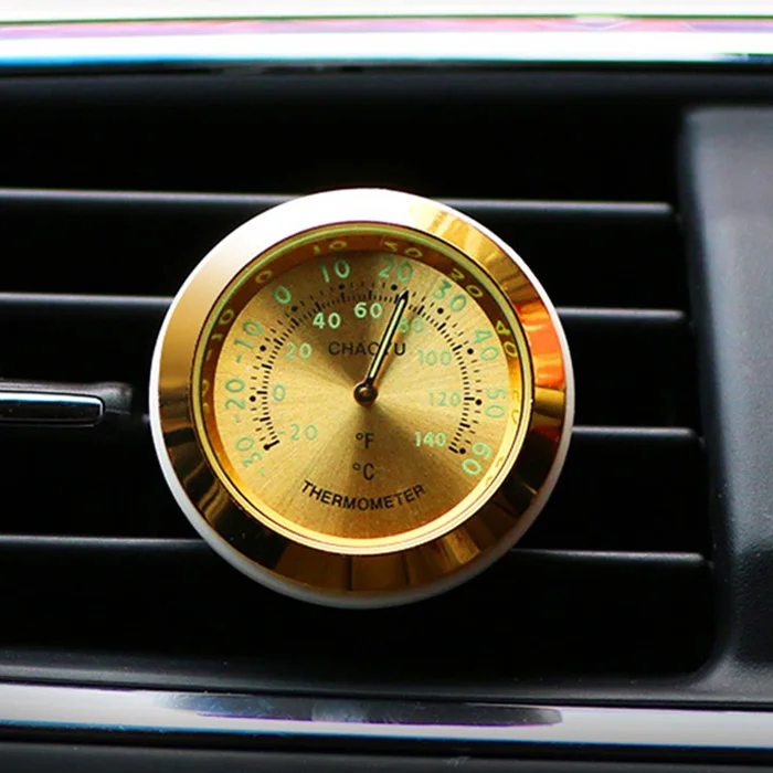 Gold Thermometer Автомобильный термометр, часы, украшения со светящимися Авто цифровыми часами A/C, воздушный выход, зажим, освежитель воздуха, автомобильные аксессуары - Название цвета: Gold Thermometer