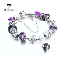 purple crystal bracelets for women silver charm bracelets bangles with butterfly charms pulseira sbr160033