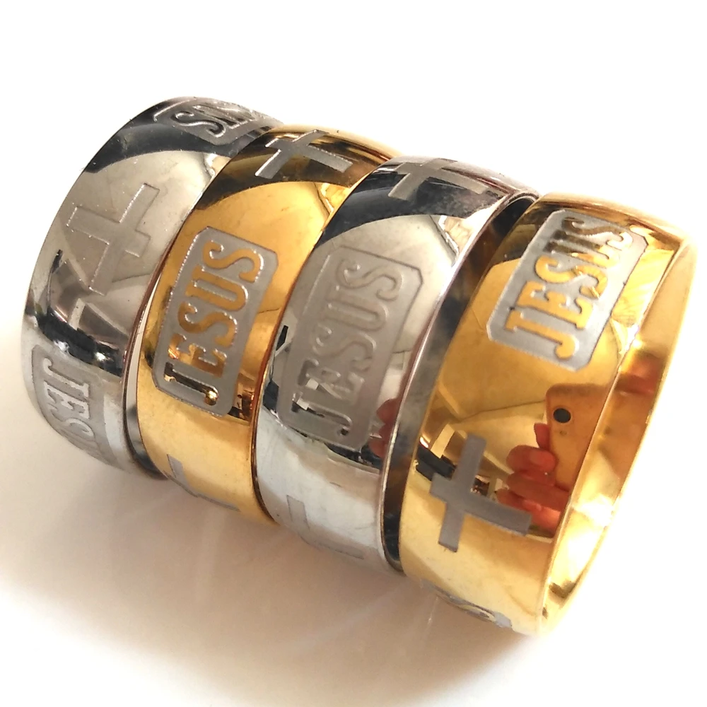20pcs GOLD SILVER etched JESUS CROSS rings Engrave Men Women Stainless Steel Religious Faith Ring Xmas Gift church Accessories | Украшения