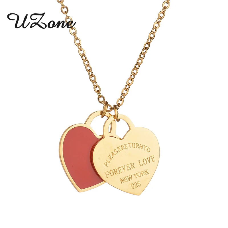 

UZone Charms Double Heart Necklace Stainless Steel Engrave Photo Name Necklace For Mother's Day Gift