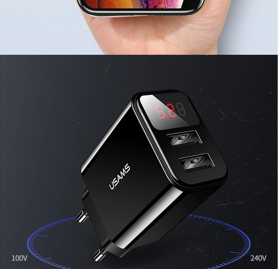 Portable Fast Charger Adapter 5V 2.1A Quick Charging Block With Dual USB Ports And Digital Display For IPhone X 8 7 6 Samsung