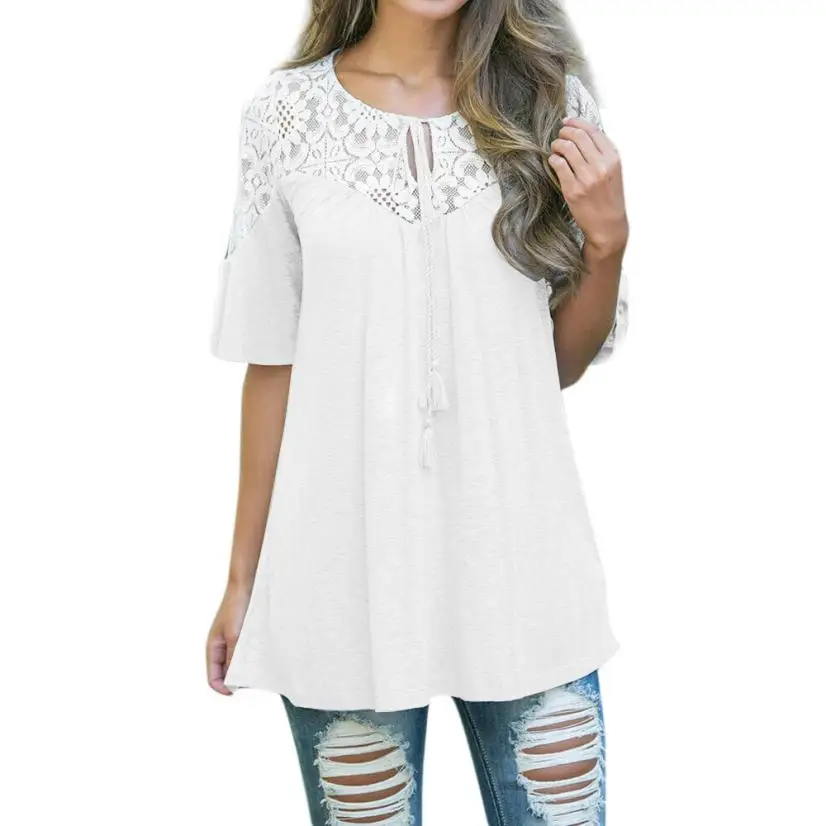 Женские топы и блузки рубашки летние кружевные с коротким рукавом blusa feminina Прямая