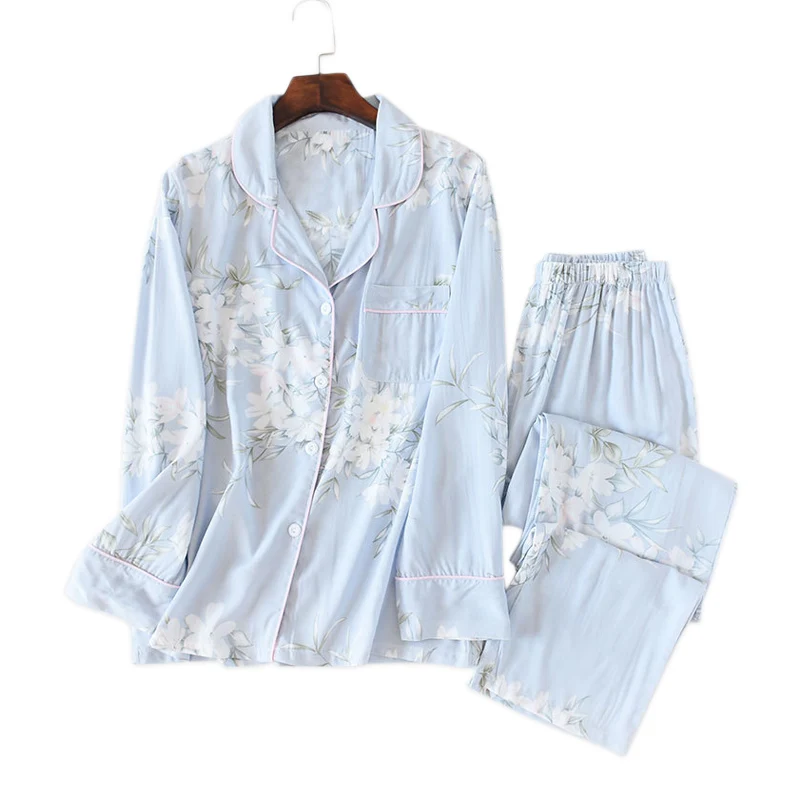 

Summer Fresh Floral pajamas sets women sleepwear cozy 100% Viscose long sleeve quality pyjamas women homewear Hot Sale