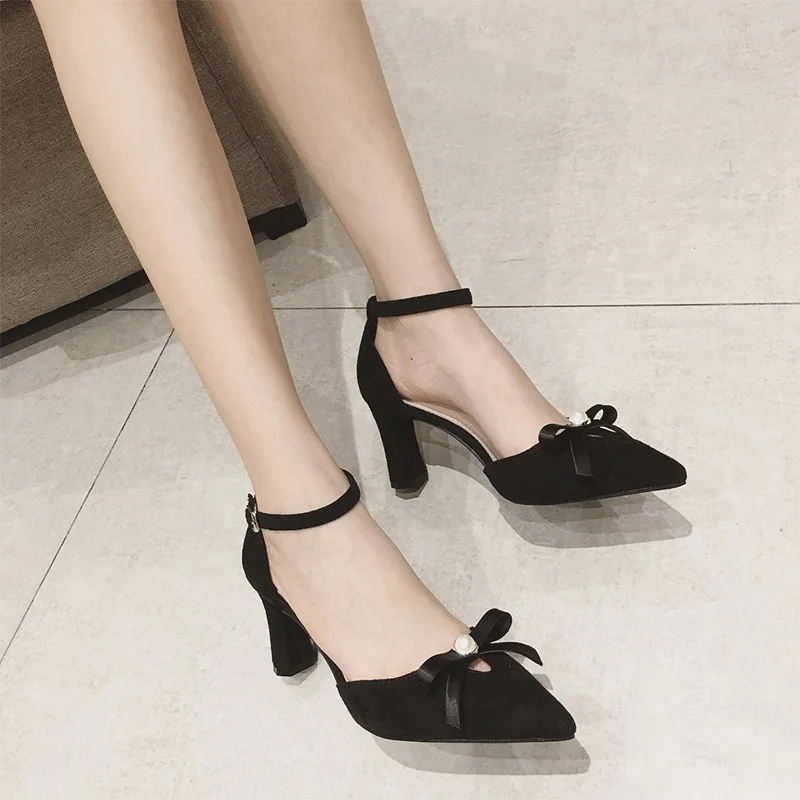 Новинка весенние корейские женские замшевые туфли на высоком толстом каблуке с