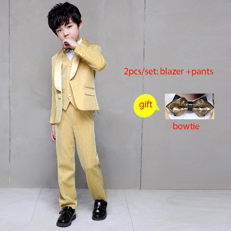 2pcs Flower Boy Wedding Dress Suit Sets Children Gold 3Pcs Catwalk Piano Costume Kids Blazer Vest Pants Shirts Clothes Sets - Цвет: 2pcs
