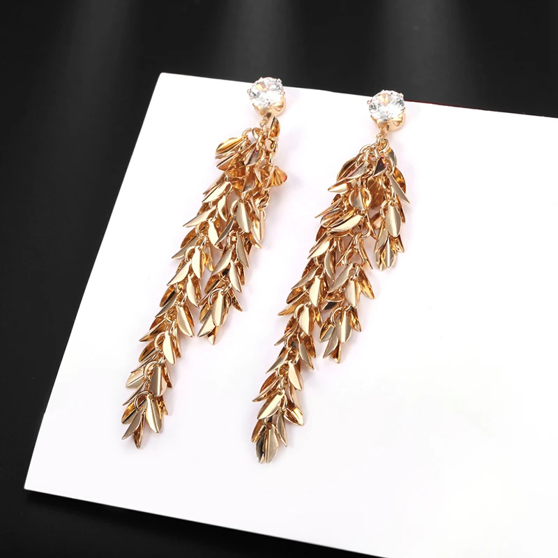 

Gold Leaf Wheat Tassel Earrings Delicate Golden Leaves Long Tassels Earrings Claw Cubic Zircon Stud Earring Statement Jewelry