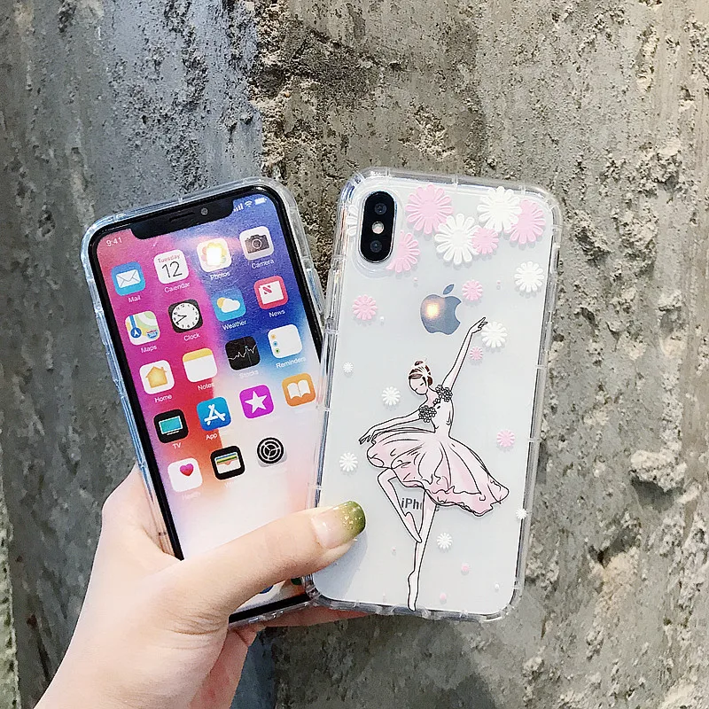 Mouplayca for iPhone 6 6s 7 8 plus X phone cases Lovely cartoon ballet girl pattern Anti-knock soft TPU back cover Coque |