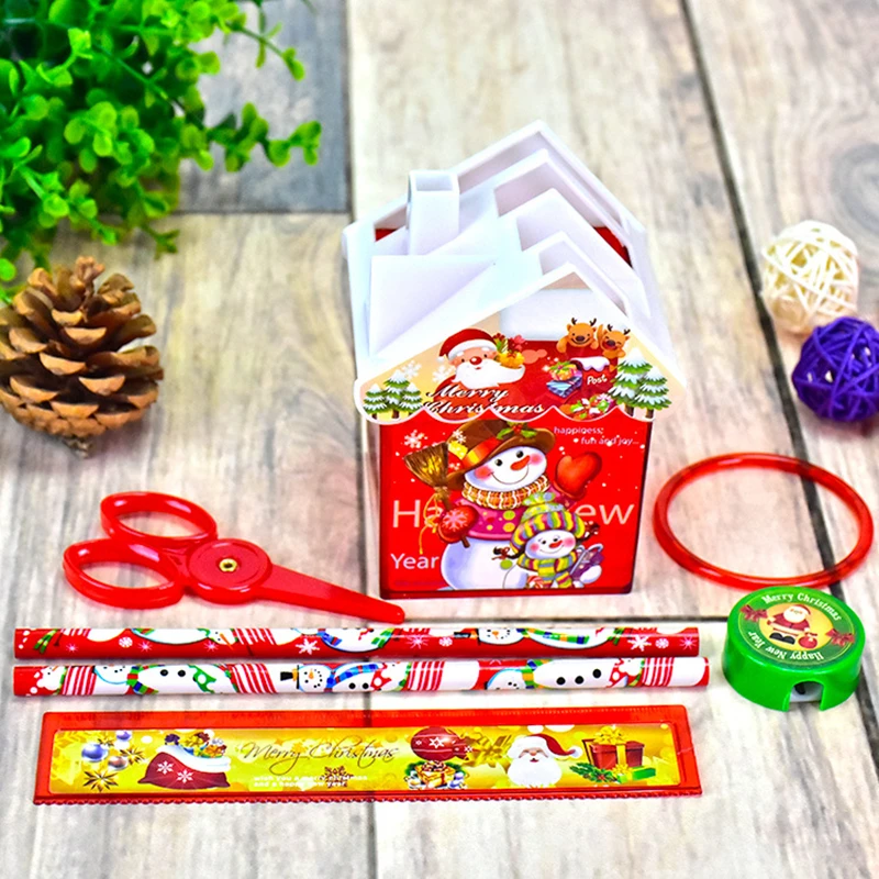 Coloffice Christmas stationery set Small house pen holder pencils sharpener safe scissors sets Christmas party gift for children