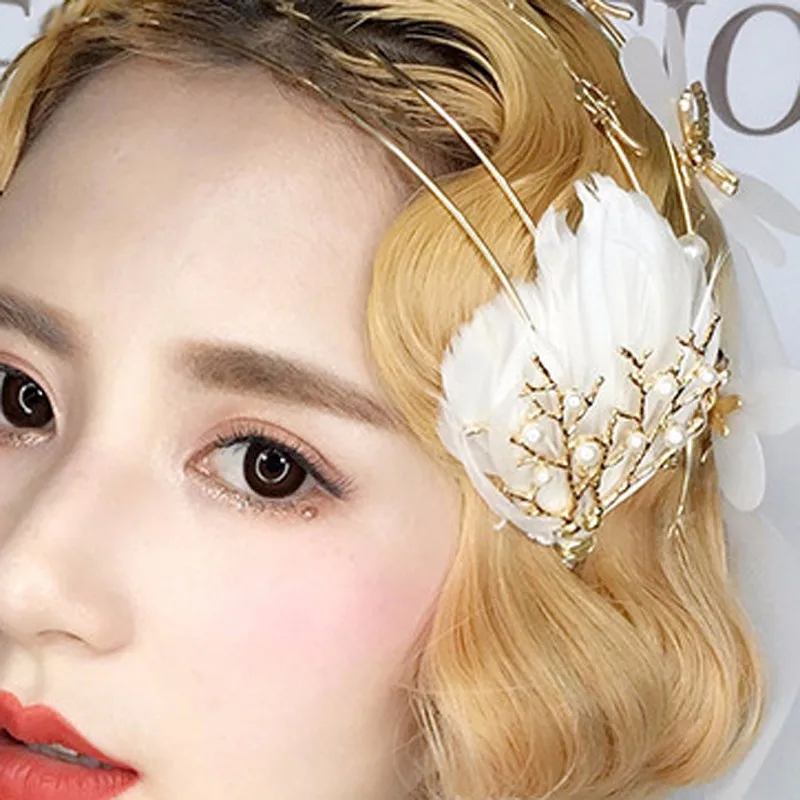 Золотой Boho винтажные аксессуары для волос в стиле барокко повязка на голову с перьями Свадебные филиал ободок с рогами Свадебные украшения для волос жемчужная тиара