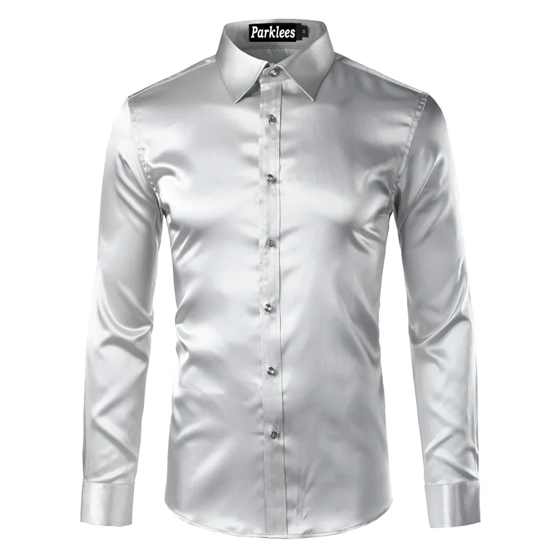 Новинка, Золотая шелковая атласная рубашка для мужчин, Chemise Homme,, модная мужская приталенная рубашка с длинным рукавом, имитация шелковой пуговицы, красная рубашка - Цвет: Silver