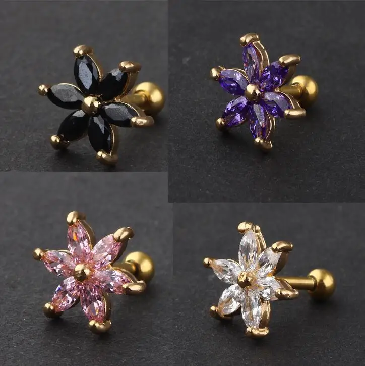 1 Piece Gold Silver Surgical Stainless Steel Earring Stud Punk Love Flower Zircon Ear Tragus Piercing Crystal Rose For Men Women | Украшения