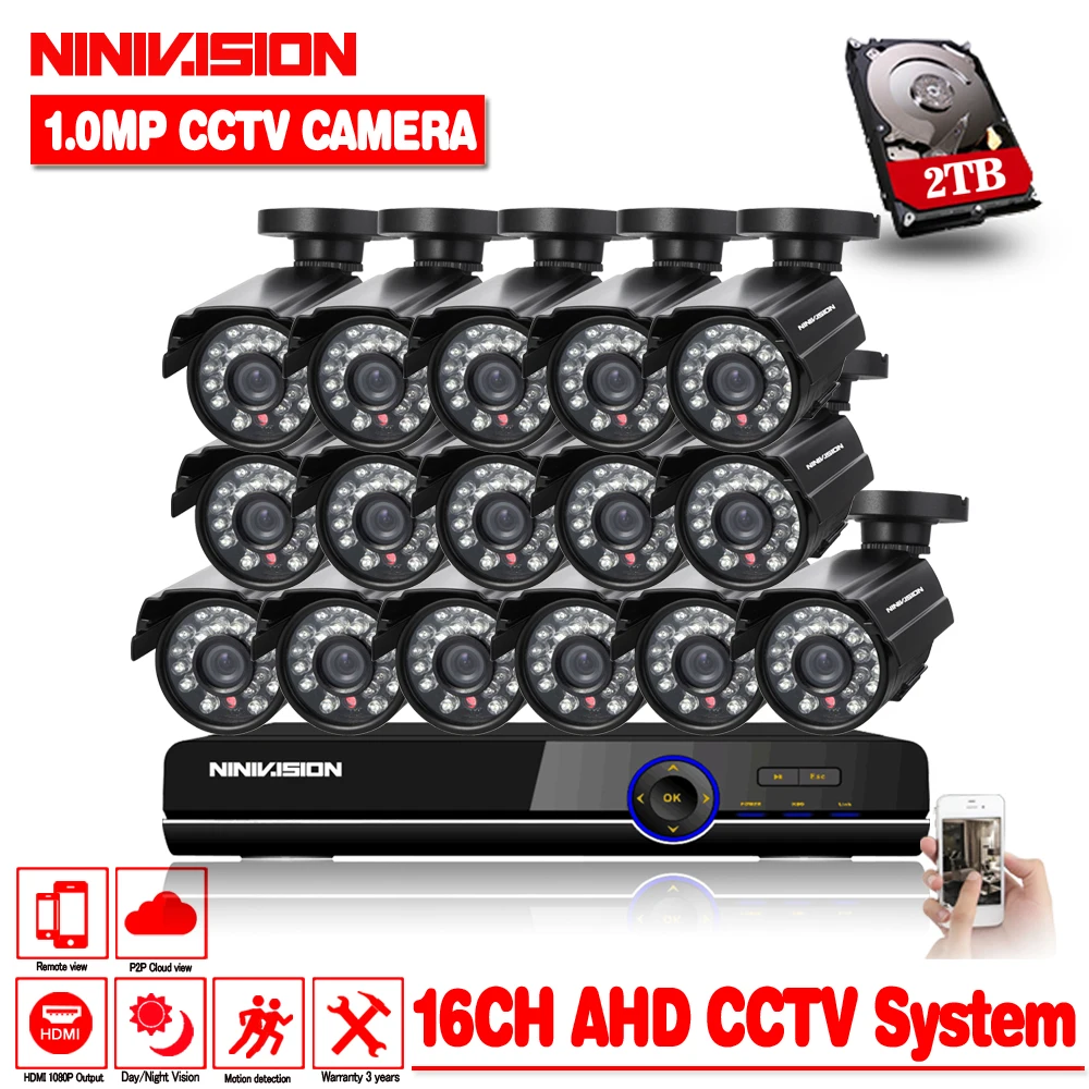 16ch AHD CCTV система 1.0MP 2000tvl DVR комплект 16CH 1080P 16 шт. 720p камеры ПК и мобильный вид Plug And Play