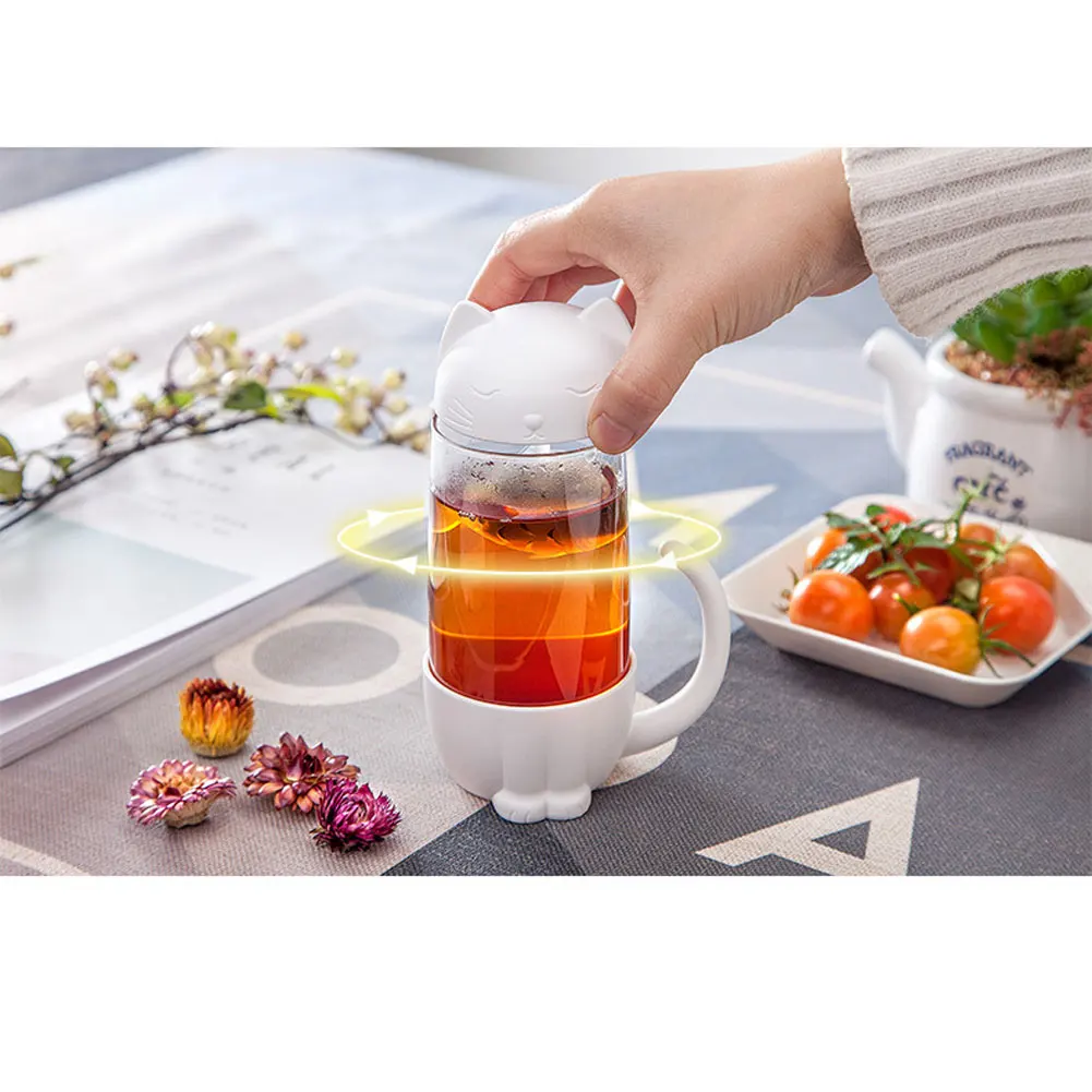 Stylish Hot Sale Lovely Glass Cup Tea Cat with Fish Filter Strainer Glass Cup Tea Infuser Filter Mug Home Office Container Gift