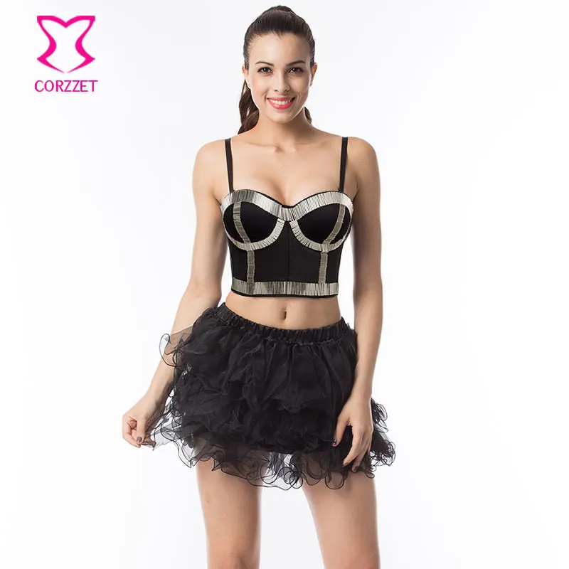 

Gothic Studded Silver Tube Beads Bralette Push Up Bustier Crop Top Tutu Skirt Set Burlesque Club Bra Dress Punk Rave Brassiere