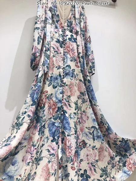 MULTICOLOURED Женское кремовое цветочное длинное платье с глубоким вырезом со съемным шейным галстуком льняное платье - Цвет: MULTICOLOURED