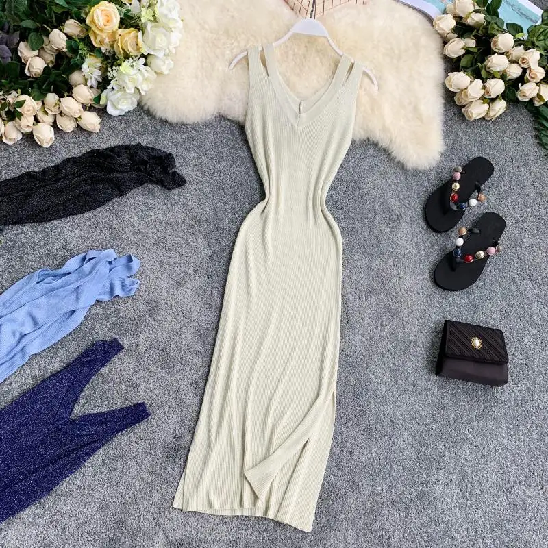 2019 новые модные женские платья вязаный жилет v-образным вырезом без рукавов сумка
