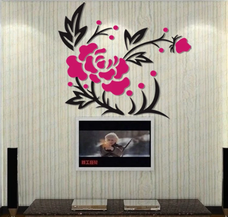 New arrival  Peony 3d Acrylic mirror wall stickers Bedroom tv sofa background wall embossed decoration Home DIY Art wall decor