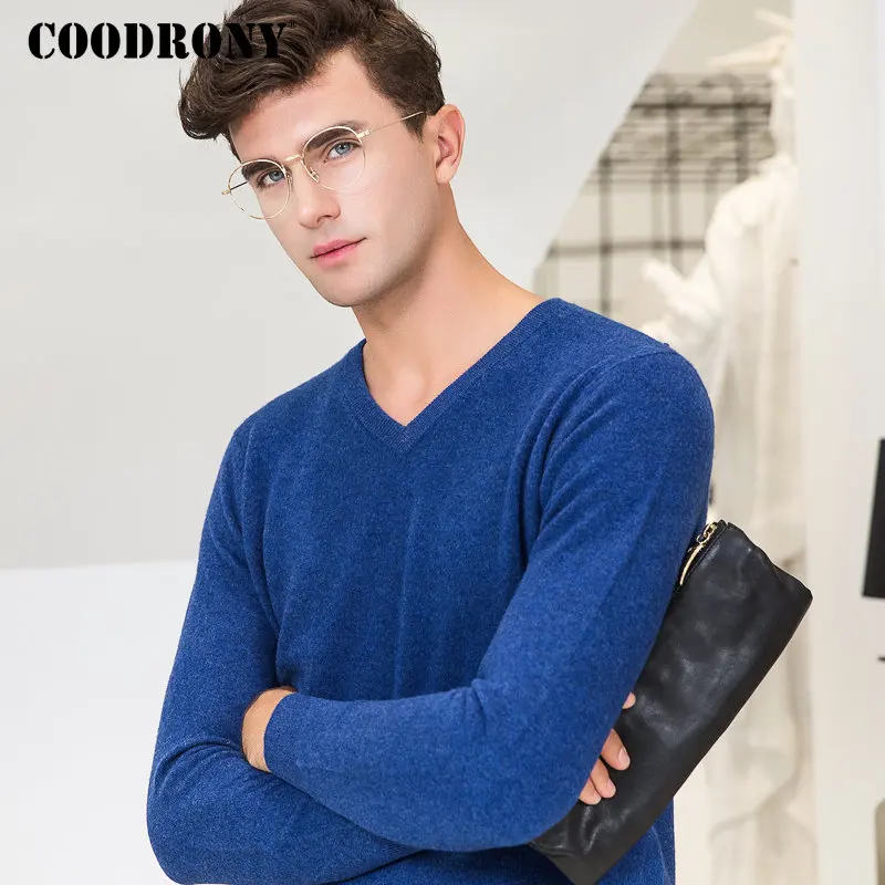 COODRONY, свитер из мериносовой шерсти, мужской, Повседневный, v-образный вырез, Pull Homme,, зима, Новое поступление, мягкий, теплый, кашемировый, мужской пуловер, Свитера 8344 - Цвет: Синий