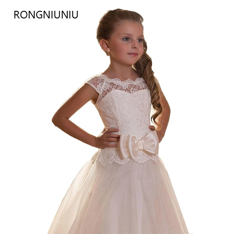 

First Communion Dresses For Girls Scoop Backless With Appliques and BowTulle Ball Gown Princess Pageant Dresses For Little Girls