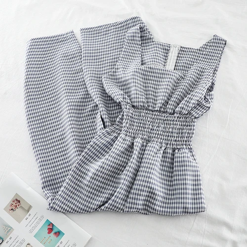 blue jumpsuit Woherb, летние Широкие штаны, женский комбинезон без рукавов, клетчатый комбинезон, корейский Повседневный женский комбинезон, Длинные Комбинезоны - Цвет: blue jumpsuit