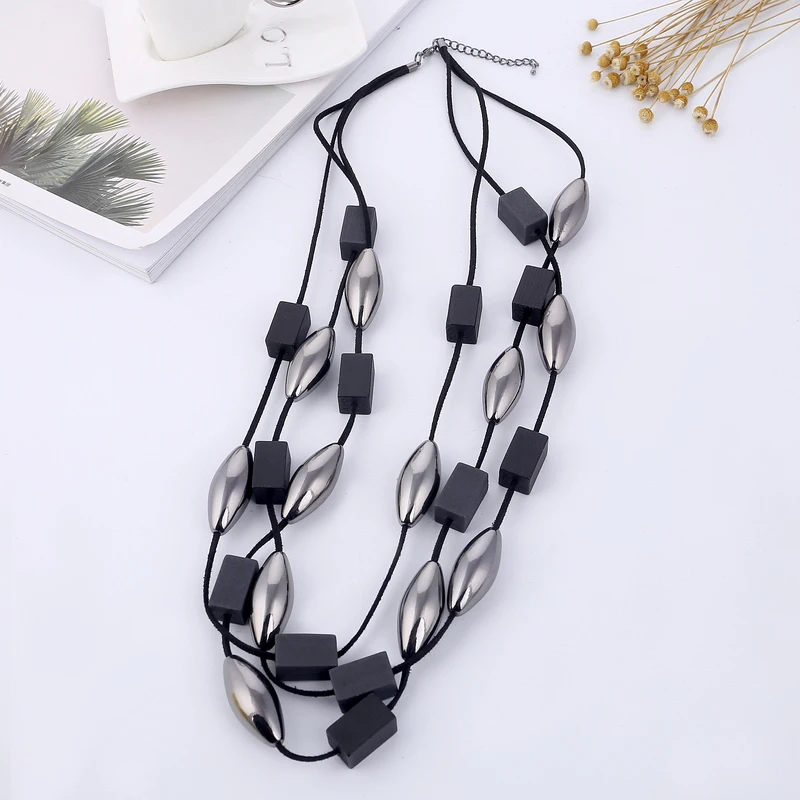 Ожерелье женское многослойное из черного дерева длинная массивная цепь с