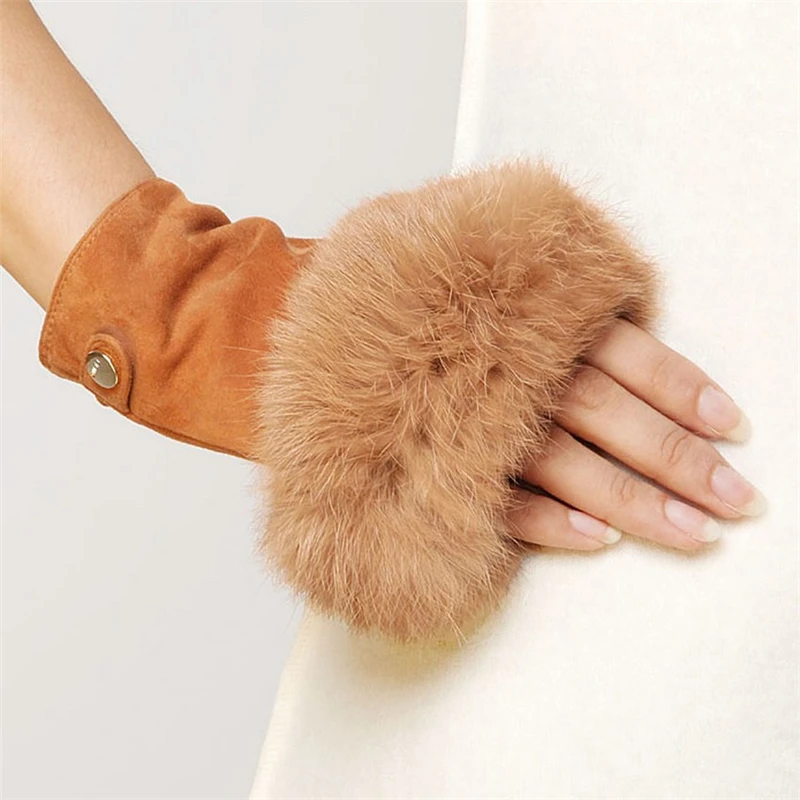 Women Fashion Suede Leather Gloves Rabbit Hair Wrist Fingerless Mittens For  High Quality Half Finger Female Mitten EL019NC-5