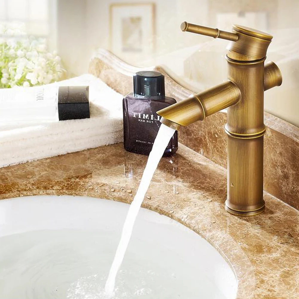 

Antique Brass Bamboo Shape Single Lever Handle Bathroom Faucet Sink Basin Mixer Taps anf062