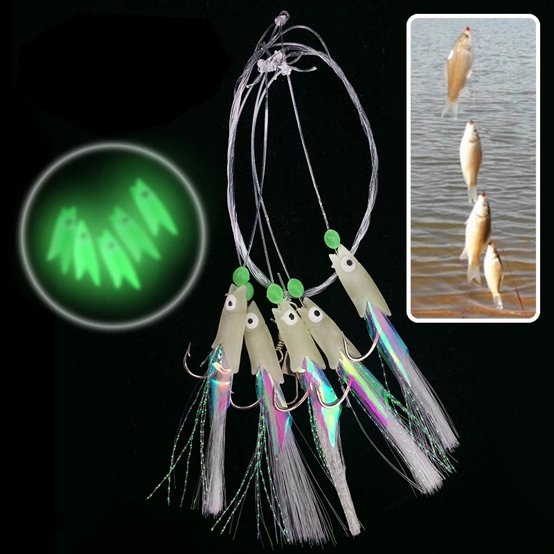 5 In 1 Night Luminous Sabiki Soft Fishing Lure Set Hook 1/0# 1# 2# 3# 4# String Fishing Bait Hook Fishing Tackle