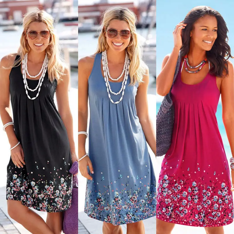 

hirigin Style Chiffon Dress Summer Casual Loose O-Neck Sleeveless Print Beach Dresses Plus Size Women Clothing