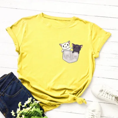 yellow SINGRAIN/женская футболка с милым рисунком котенка из мультфильма, модные топы с карманом и котом из хлопка, большие размеры, футболка с принтом животных kawaii, Новинка - Цвет: yellow