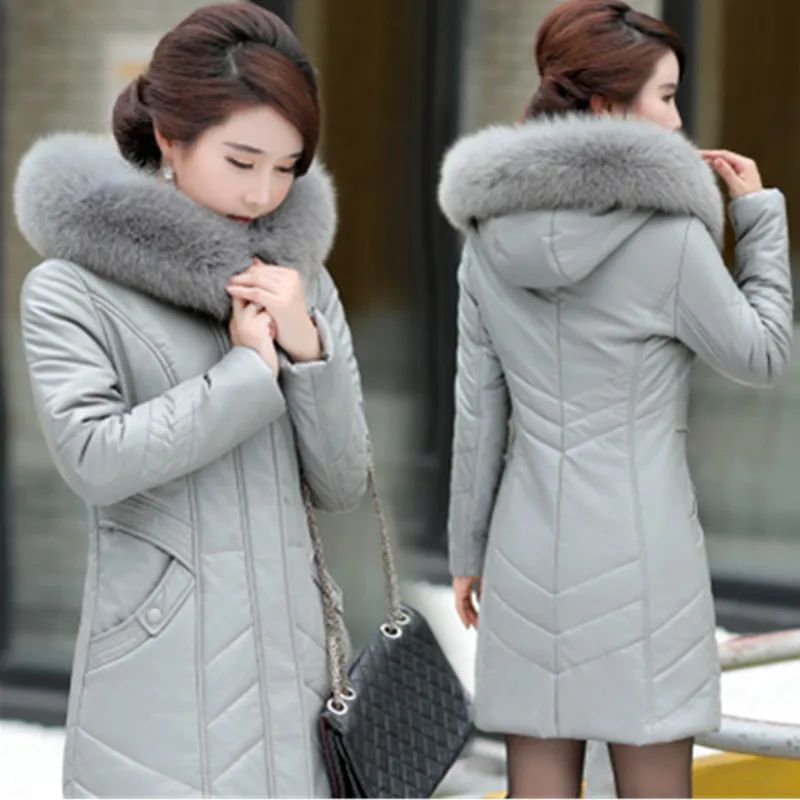 gray UHYTGF/L-7XL, модные зимние кожаные куртки с меховым воротником и капюшоном, Женская роскошная кожаная куртка, хлопковое тонкое теплое Женское пальто 126 - Цвет: gray