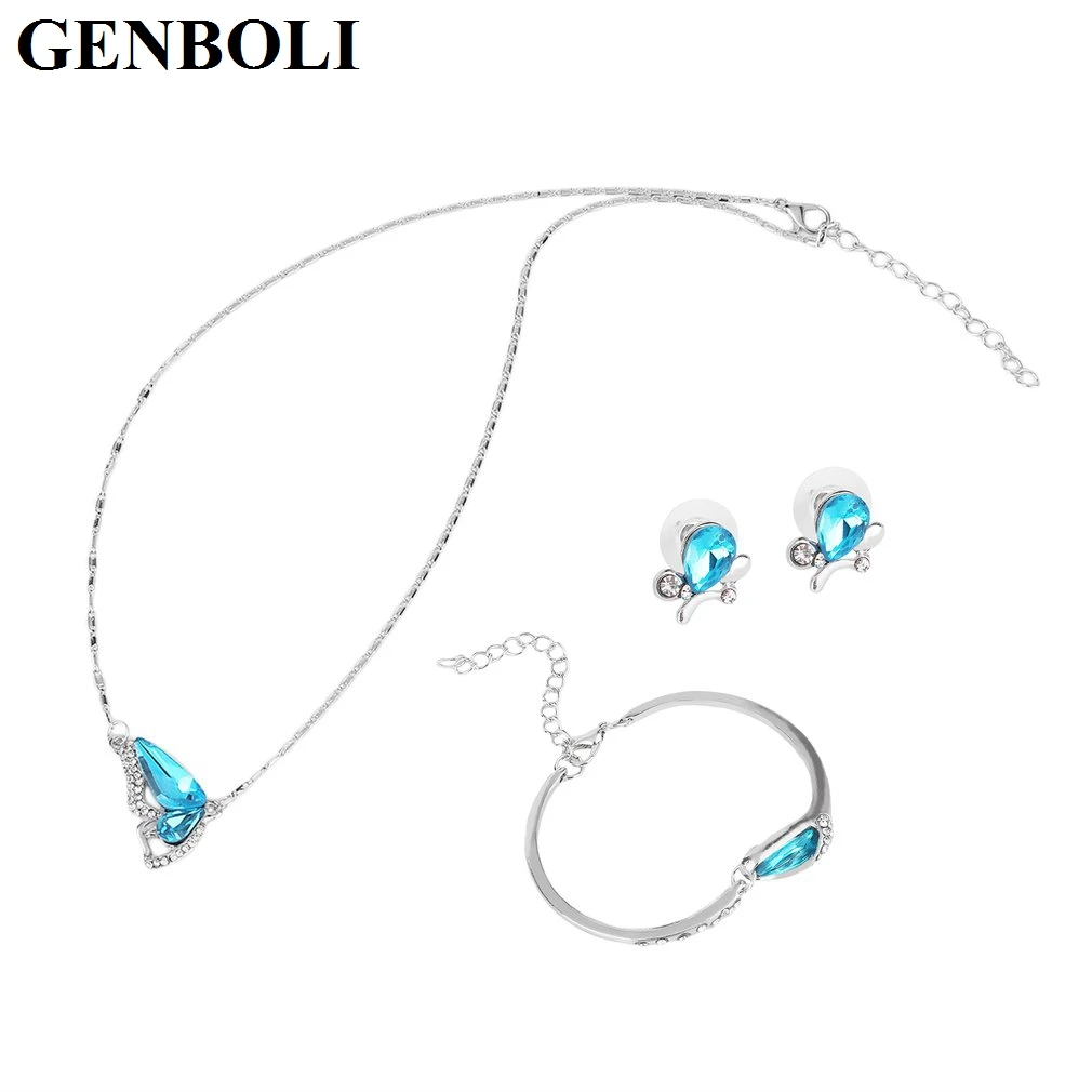 GENBOLI синий кристалл бабочка кулон ожерелье для женщин серьги гвоздики браслет