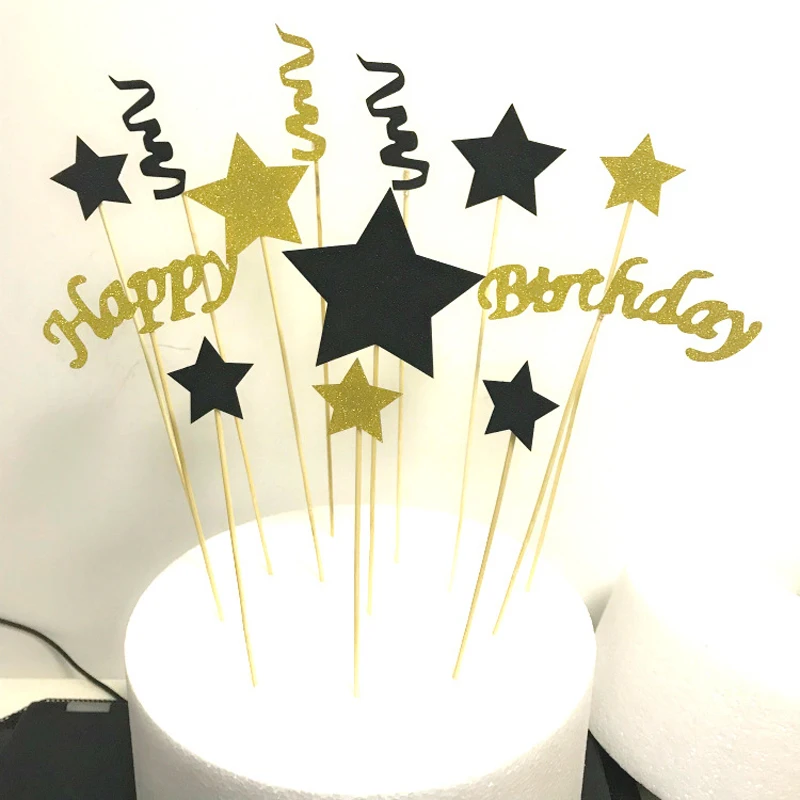 1set DIY Black Gold Happy Birthday Star Cake Ice-cream Cupcake Toppers Picks Mom Dad Boy Girl Kids Party Dessert Decor | Дом и сад