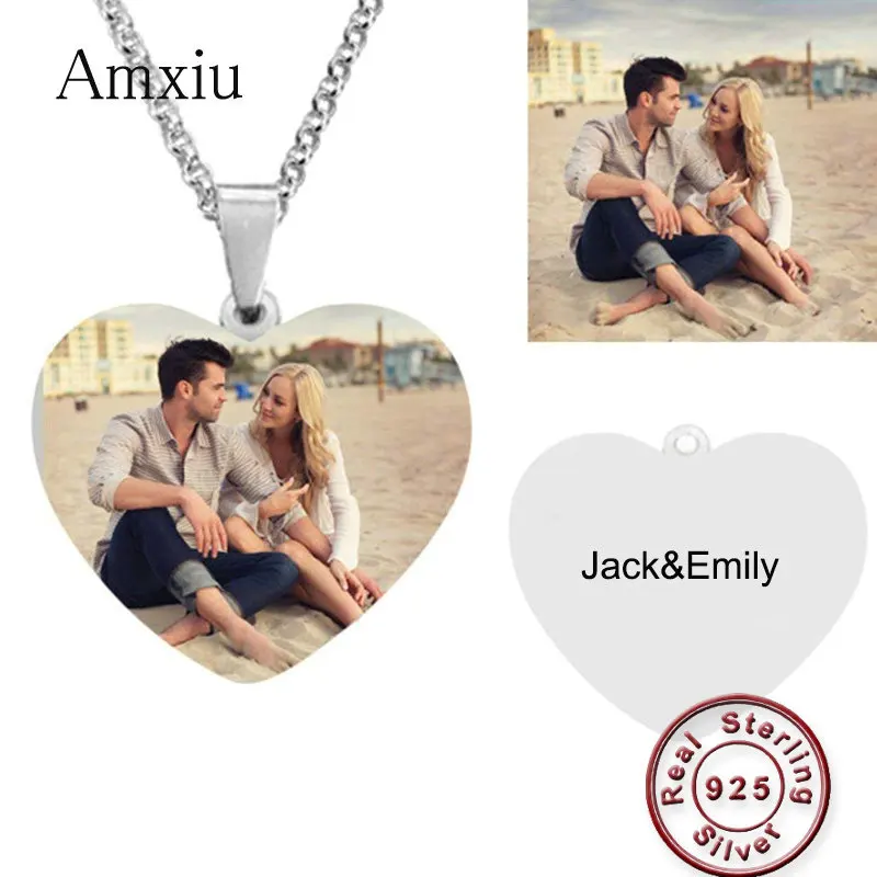 Amxiu Customized Necklaces Engrave Photo Name Necklace 925 Sterling Silver Heart Pendant Chain Necklace Jewelry For Women ID Tag