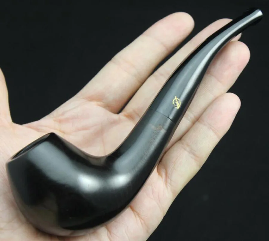 

Handmade Nature Ebony Wood Bent Type Smoking Pipe Round Smoke Tobacco Wooden Pipe Gift 10X 9mm Filters + Pouch + Holder #497BS