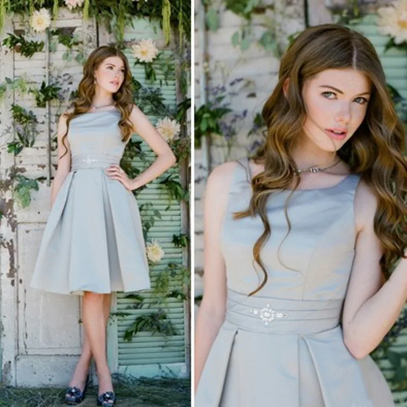 

Sweet Knee-Length Tank Girl Formal Party Dress Sleeveless Satin A-Line Bridesmaid Dress Scoop Zipper Back Wedding Party Vestidos