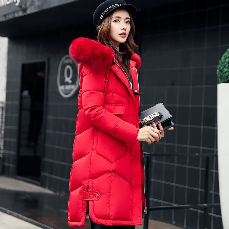 Red-Red Fur collar Зимнее женское пальто с капюшоном, меховой воротник, утолщенная теплая длинная куртка для женщин размера плюс 3XL, верхняя одежда, парка для девушек, Chaqueta feminino - Цвет: Red-Red Fur collar