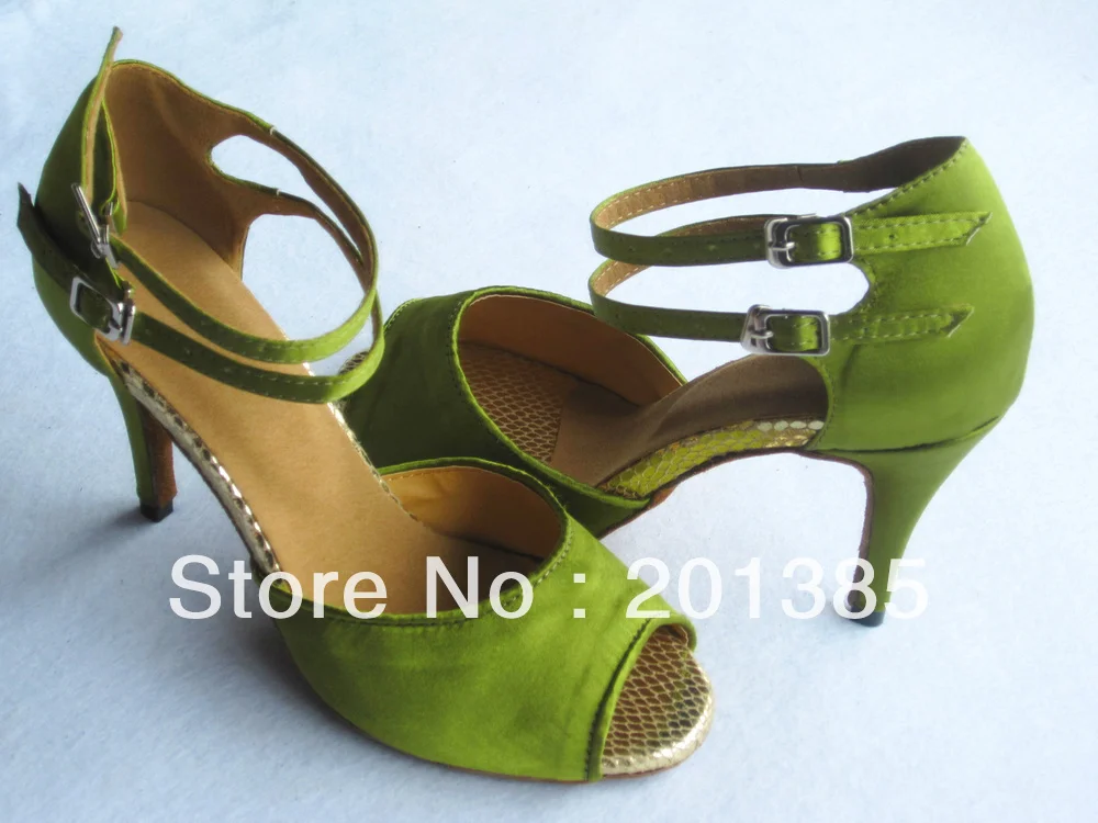 Зеленые атласные танцевальные туфли для латинских бальных танцев сальса