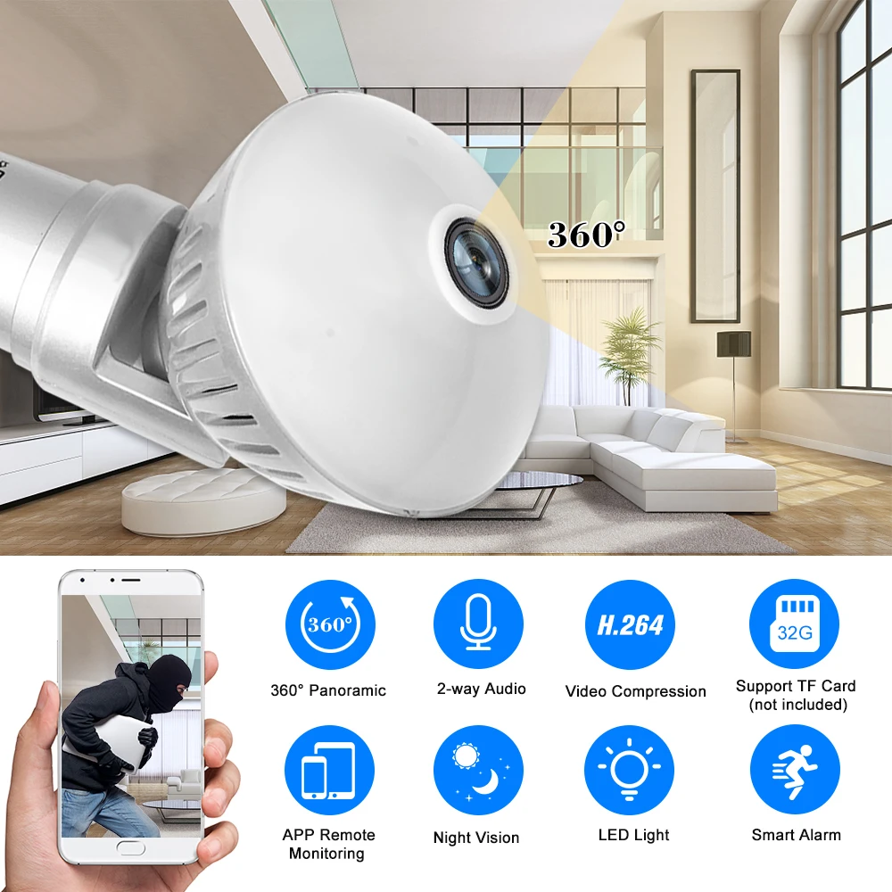 1080P 200W лампы IP Камера 360 ° панорамный WiFi Беспроводной Поддержка Ночное видение для