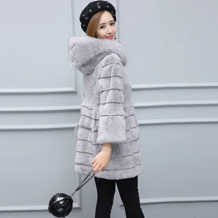 Real fox fur collar hooded natural rex rabbit coats outerwear women wave cut whole skin jackets plus size S - 4XL | Женская одежда
