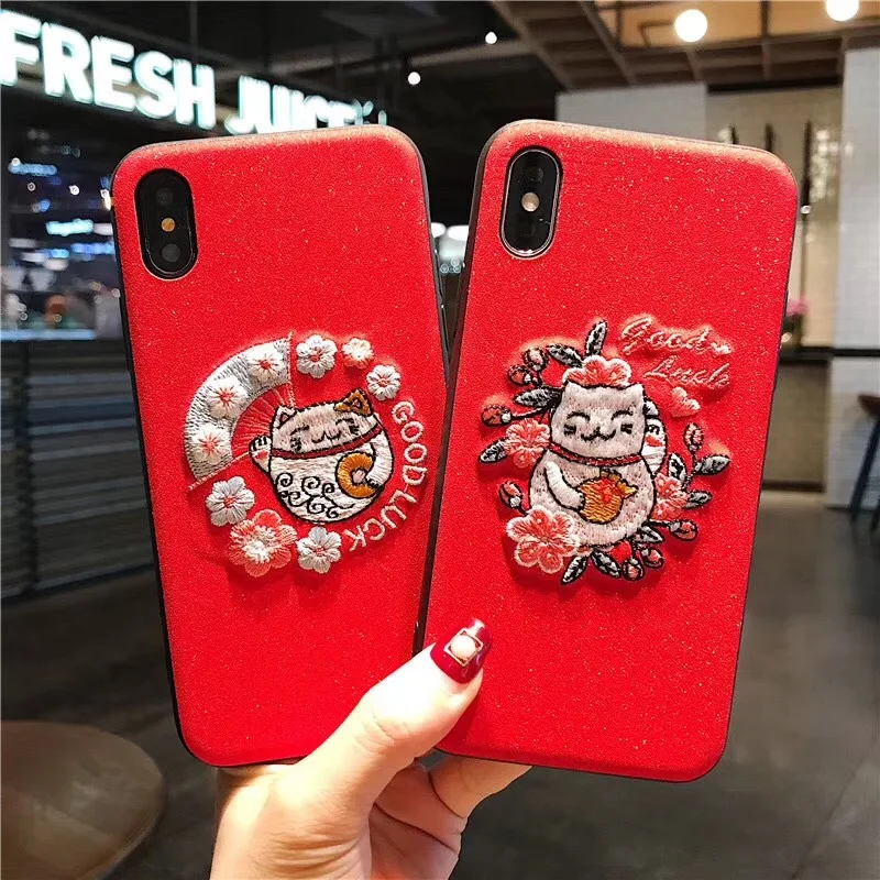 Udapakoo New Style Embroidery Cute Case for iPhone 6s Lucky Fortune Cat TPU Cover 6 7 8 plus X Year Gifts | Мобильные телефоны и