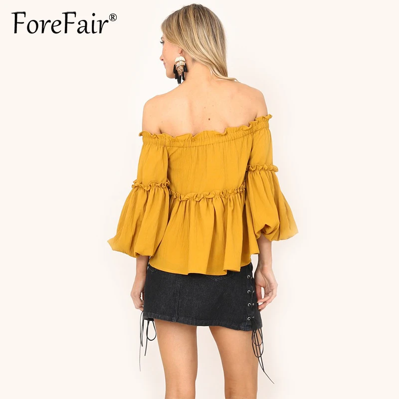 Forefair модная желтая Блузка с оборками для женщин 2017 вырезом лодочкой открытыми