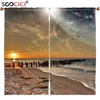 Window Curtains Treatments 2 Panels,Space Decor Magical Solar Eclipse on Beach Ocean with Horizon Sun Moon Globe Gulls Flying