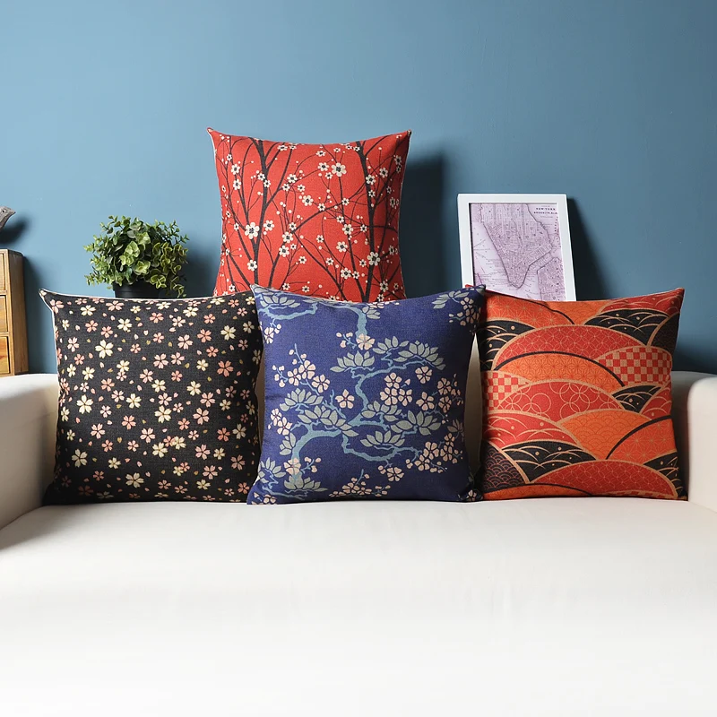 Japanese Retro Red Floral Pillow Cover Home Decorative PillowCase Office Sofa Flower Cushion
