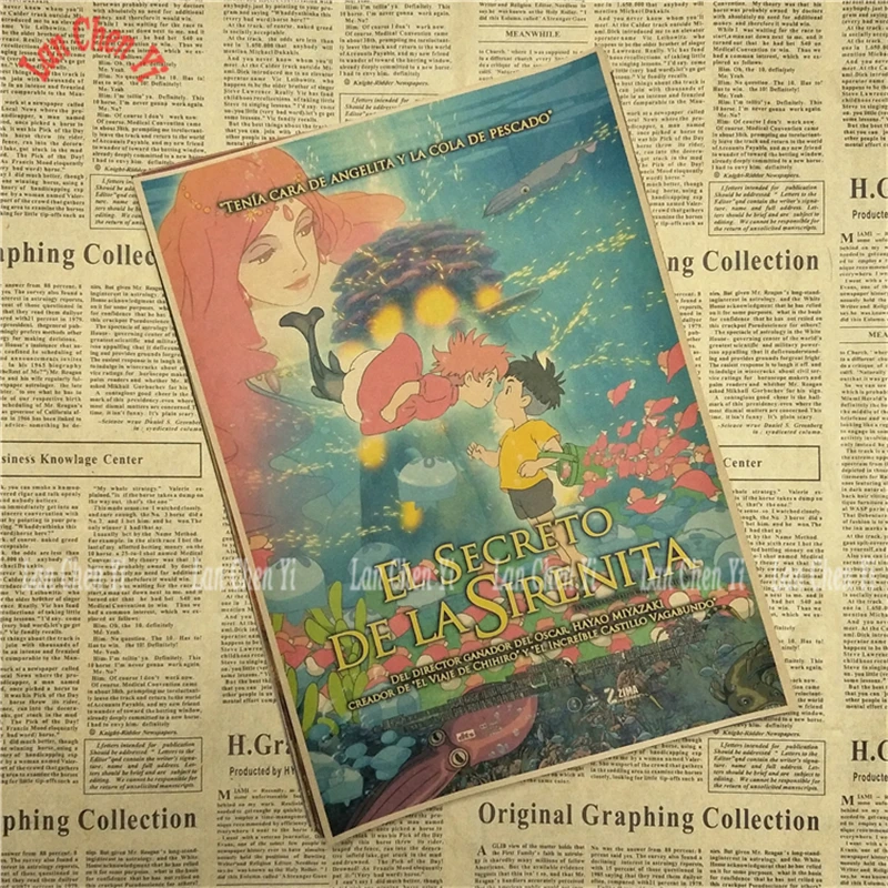Ponyo на скале Хаяо Миядзаки мультфильм фильм крафт бумага Плакат Бар Кафе гостиная столовая детская комната декоративные картины - Цвет: Черный