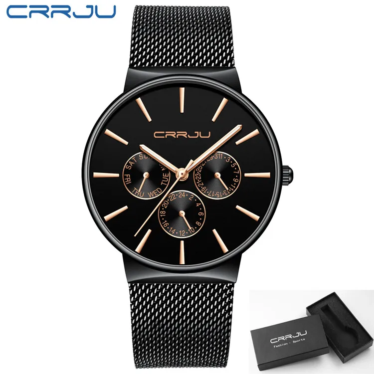 black Reloj hombre,, CRRJU, Топ бренд, Роскошные мужские часы, водонепроницаемые, ультра тонкие, дата, наручные часы, мужские, сетчатый ремешок, повседневные, кварцевые часы - Цвет: black
