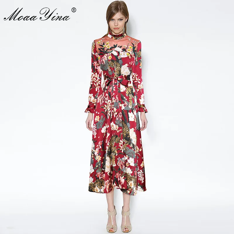 MoaaYina животного Floral Print Стенд воротник с длинным рукавом сетки вышивка алмаз узкие