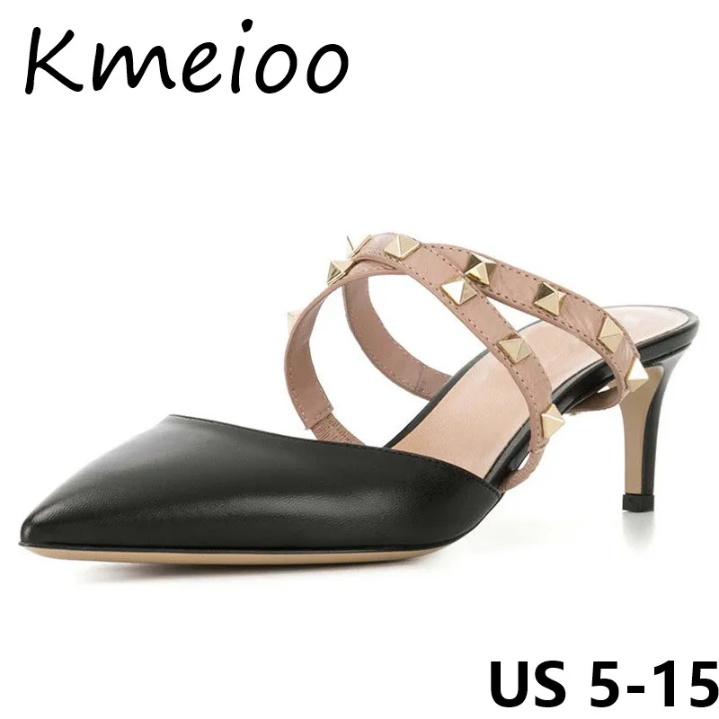 

Kmeioo Fashion Shoes US Size 5-15 For Woman Rivets Studded Sandals Pointed Toe Thin Heels Slip On Mules Dress Ladies Shoes
